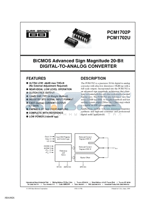 PCM1702U-J/2KE6 datasheet - BiCMOS Advanced Sign Magnitude 20-Bit DIGITAL-TO-ANALOG CONVERTER