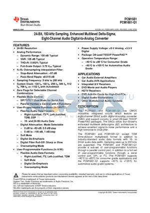 PCM1681-Q1 datasheet - 24-Bit, 192-kHz Sampling, Enhanced Multilevel Delta-Sigma, Eight-Channel Audio Digital-to-Analog Converter