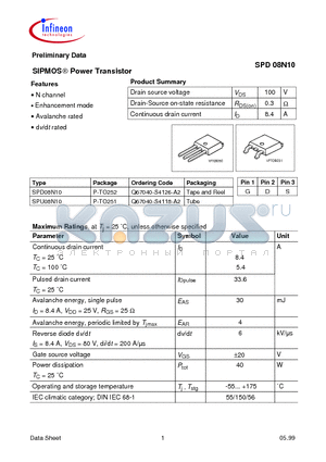 SPD08N10 datasheet - SIPMOS Power Transistor