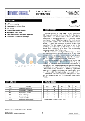 SY100EL15LZITR datasheet - 3.3V 1:4 CLOCK DISTRIBUTION