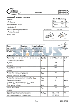 SPD09P06PL datasheet - SIPMOS Power-Transistor