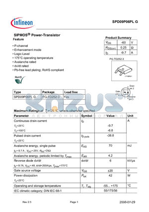 SPD09P06PL datasheet - SIPMOS Power-Transistor Feature N-Channel Enhancement mode