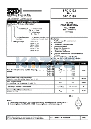 SPD10192TX datasheet - 35 Amp FAST RECOVERY RECTIFIER 800 - 1400 Volt 250 nsec