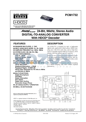 PCM1732 datasheet - 24-Bit, 96kHz, Stereo Audio DIGITAL-TO-ANALOG CONVERTER With HDCD Decoder