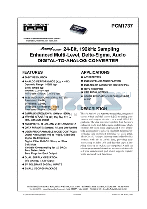 PCM1737 datasheet - 24-Bit, 192kHz Sampling Enhanced Multi-Level, Delta-Sigma, Audio DIGITAL-TO-ANALOG CONVERTER