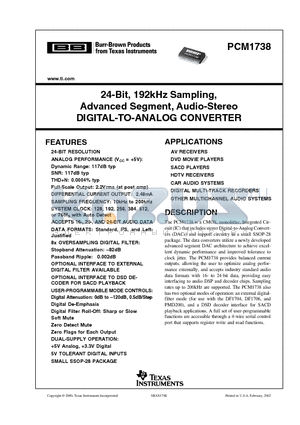 PCM1738E datasheet - 24-Bit, 192kHz Sampling, Advanced Segment, Audio-Stereo DIGITAL-TO-ANALOG CONVERTER