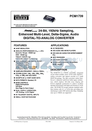 PCM1739 datasheet - 24-Bit, 192kHz Sampling, Enhanced Multi-Level, Delta-Sigma, Audio DIGITAL-TO-ANALOG CONVERTER