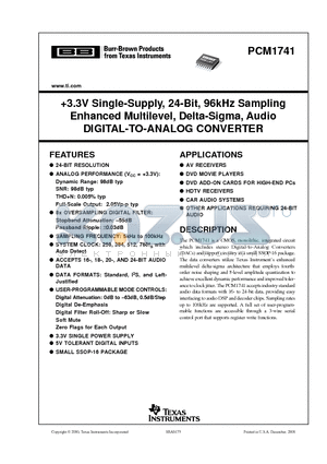 PCM1741/E2K datasheet - 3.3V Single-Supply, 24-Bit, 96kHz Sampling Enhanced Multilevel, Delta-Sigma, Audio DIGITAL-TO-ANALOG CONVERTER