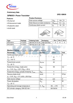 SPD10N10 datasheet - SIPMOS Power Transistor