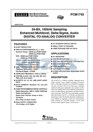 PCM1742 datasheet - 24-Bit, 192kHz Sampling Enhanced Multilevel, Delta-Sigma, Audio DIGITAL-TO-ANALOG CONVERTER