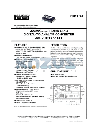 PCM1740 datasheet - Stereo Audio DIGITAL-TO-ANALOG CONVERTER with VCXO and PLL