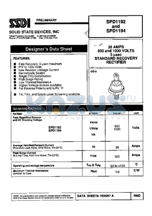 SPD1192 datasheet - 35AMPS 800 and 1000VOLTS 5nsec STANDARD RECOVERY RECTIFIER