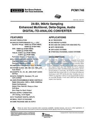 PCM1748E/2K datasheet - 24-Bit, 96kHz Sampling Enhanced Multilevel, Delta-Sigma, Audio DIGITAL-TO-ANALOG CONVERTER