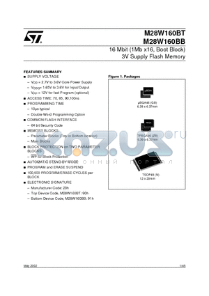 M28W160B-ZBT datasheet - 16 Mbit (1Mb x16, Boot Block) 3V Supply Flash Memory