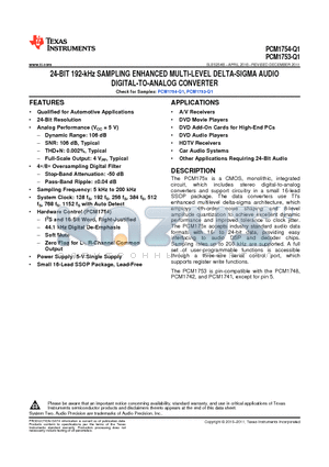 PCM1753TDBQRQ1 datasheet - 24-BIT 192-kHz SAMPLING ENHANCED MULTI-LEVEL DELTA-SIGMA AUDIO DIGITAL-TO-ANALOG CONVERTER