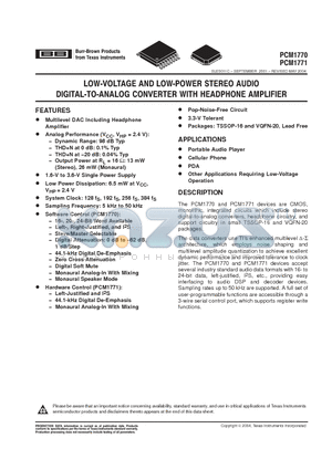 PCM1770RGAR datasheet - LOW VOLTAGE AND POWER STEREO AUDIO DIGITAL TO ANALOG CONVER WITH HEADPHONE AMPLIFER