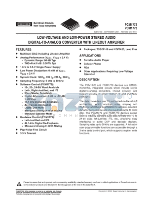 PCM1772PWR datasheet - LOW VOLTAGE AND LOW POWER STEREO AUDIO DIGITAL TO ANALOG CONVERTER WITH LINEOUT AMPIIFIER