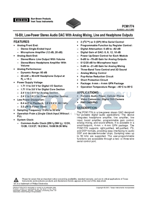 PCM1774RGPR datasheet - 16-Bit, Low-Power Stereo Audio DAC With Analog Mixing, Line and Headphone Outputs