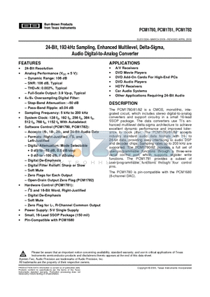 PCM1781 datasheet - 24-Bit, 192-kHz Sampling, Enhanced Multilevel, Delta-Sigma, Audio Digital-to-Analog Converter