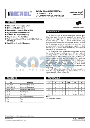 SY100EL29VZG datasheet - 5V/3.3V DUAL DIFFERENTIAL DATA AND CLOCKD FLIP-FLOP w/SET AND RESET