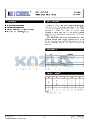 SY100EL31ZCTR datasheet - D FLIP-FLOP WITH SET AND RESET