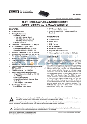 PCM1792DBR datasheet - 24 BIT 192KHZ SAMPLING ADVANCED SEGMENT, AUDIO STEREO DIGITAL TO ANALOG CONVERTER