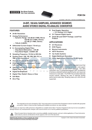 PCM1794DB datasheet - 24BIT 192KHZ SAMPLING , ADVANCED SEGMENT, AUDIO STEREO DIGITAL TO ANALOG CONVERTER