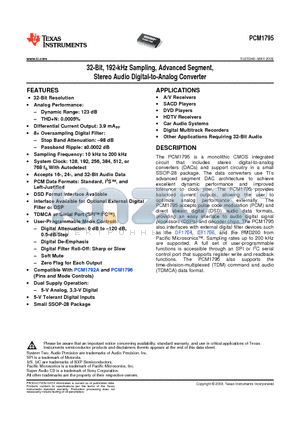 PCM1795DB datasheet - 32-Bit, 192-kHz Sampling, Advanced Segment, Stereo Audio Digital-to-Analog Converter