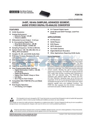 PCM1796 datasheet - 24BIT 192 KHZ SAMPLING ADVANCED SEGMENT AUDIO STEREO DIGITAL TO ANALOG CONVERTER