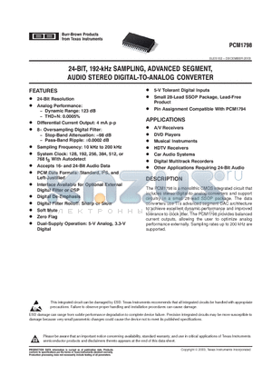 PCM1798DB datasheet - 24-BIT, 192-KHZ SAMPLING ADVANCED SEGMENT, AUDIO STEREO DIGITAL TO ANALOG CONVERTER