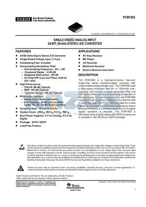 PCM1802 datasheet - SINGLE-ENDED ANALOG-INPUT 24-BIT, 96-kHz STEREO A/D CONVERTER