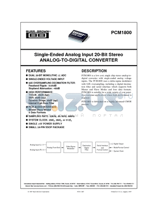 PCM1800E datasheet - Single-Ended Analog Input 20-Bit Stereo ANALOG-TO-DIGITAL CONVERTER