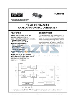 PCM1801 datasheet - 16-Bit, Stereo, Audio ANALOG-TO-DIGITAL CONVERTER