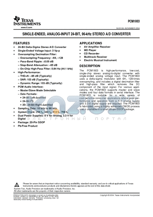 PCM1803DBR datasheet - SINGLE-ENDED, ANALOG-INPUT 24-BIT, 96-kHz STEREO A/D CONVERTER