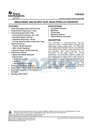 PCM1803ADBG4 datasheet - SINGLE-ENDED, ANALOG-INPUT 24-BIT, 96-kHz STEREO A/D CONVERTER