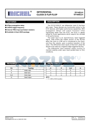 SY100EL51 datasheet - DIFFERENTIAL CLOCK D FLIP-FLOP