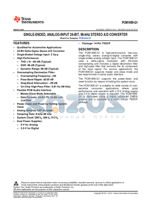 PCM1808-Q1 datasheet - SINGLE-ENDED, ANALOG-INPUT 24-BIT, 96-kHz STEREO A/D CONVERTER