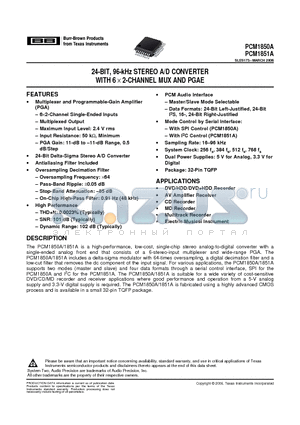 PCM1850APJTRG4 datasheet - 24-BIT, 96-kHz STEREO A/D CONVERTER WITH 6 d 2-CHANNEL MUX AND PGAE
