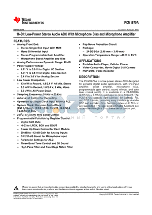 PCM1870AYZFR datasheet - 16-Bit Low-Power Stereo Audio ADC With Microphone Bias and Microphone Amplifier