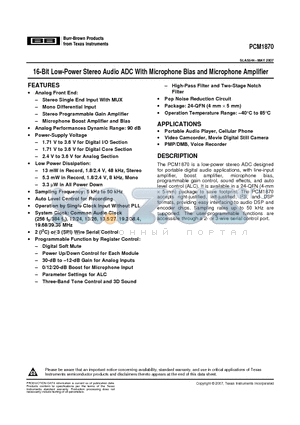 PCM1870RHFT datasheet - 16-Bit Low-Power Stereo Audio ADC With Microphone Bias and Microphone Amplifier