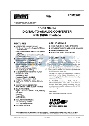 PCM2702 datasheet - 16-Bit Stereo DIGITAL-TO-ANALOG CONVERTER with Interface