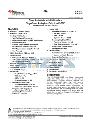 PCM2900C datasheet - Stereo Audio Codec with USB Interface, Single-Ended Analog Input/Output, and S/PDIF