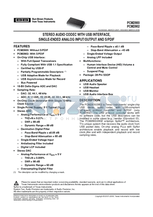 PCM2900E datasheet - STEREO AUDIO CODEC WITH USB INTERFACE, SINGLE-ENDED ANALOG INPUT/OUTPUT AND S/PDIF