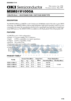 MSM51V1000A-80 datasheet - 1,048,576-Word d 1-Bit DYNAMIC RAM : FAST PAGE MODE TYPE