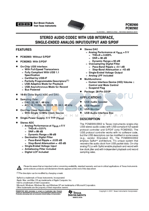 PCM2900E/2KG4 datasheet - STEREO AUDIO CODEC WITH USB INTERFACE, SINGLE ENDED ANALOG INPUT/OUTPUT AND S/PDIF