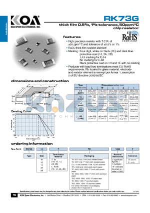 RK73G1HT datasheet - thick film 0.5%,1%tolerance, 50ppm/`C chip resistor