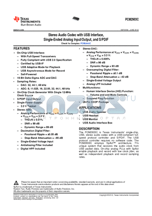 PCM2903C datasheet - Stereo Audio Codec with USB Interface, Single-Ended Analog Input/Output, and S/PDIF