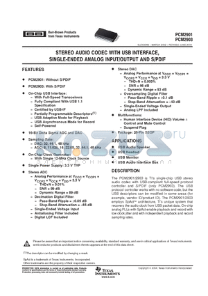 PCM2903 datasheet - STEREO AUDIO CODEC WITH USB INTERFACE SINGLE ENDED ANALOG INPUT/OUTPUT AND S/P DIF