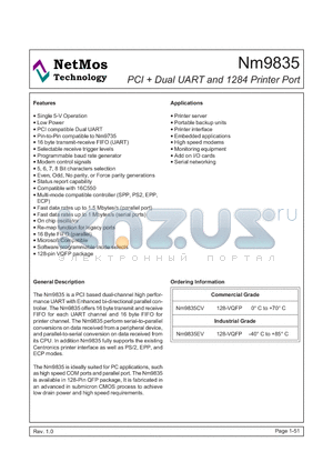 NM9835EV datasheet - PCI  Dual UART and 1284 Printer Port