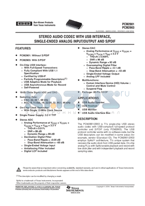 PCM2903E/2K datasheet - STEREO AUDIO CODEC WITH USB INTERFACE SINGLE ENDED ANALOG INPUT/OUTPUT AND S/P DIF